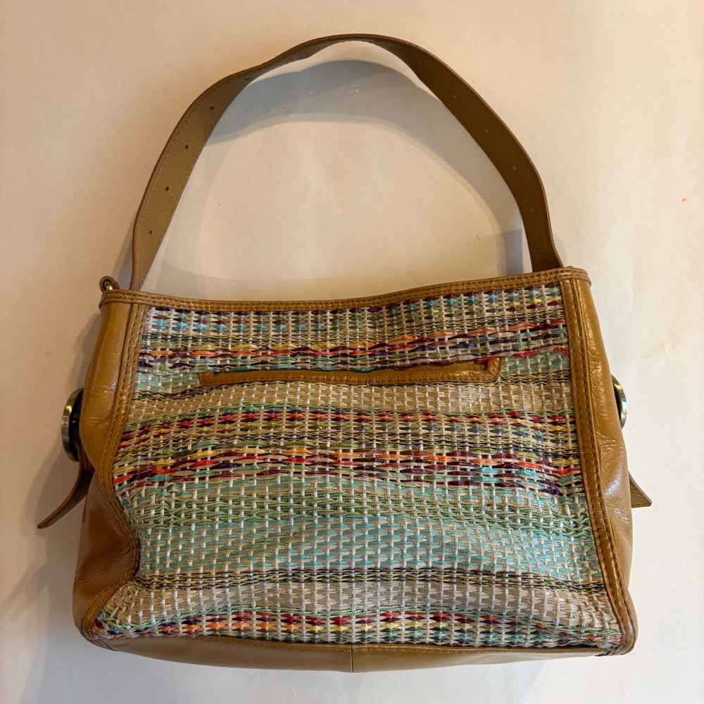 Hobo Tan Leather Woven Multicolor Striped Shoulder Bag Magnetic Snap Boho